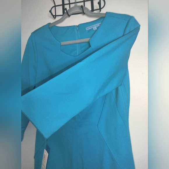 Antonio Melani (Size 6) Aqua Blue Geo-V Cut 3/4 Sleeve Sheath Dress (NEW-NWT) - Picture 6 of 15